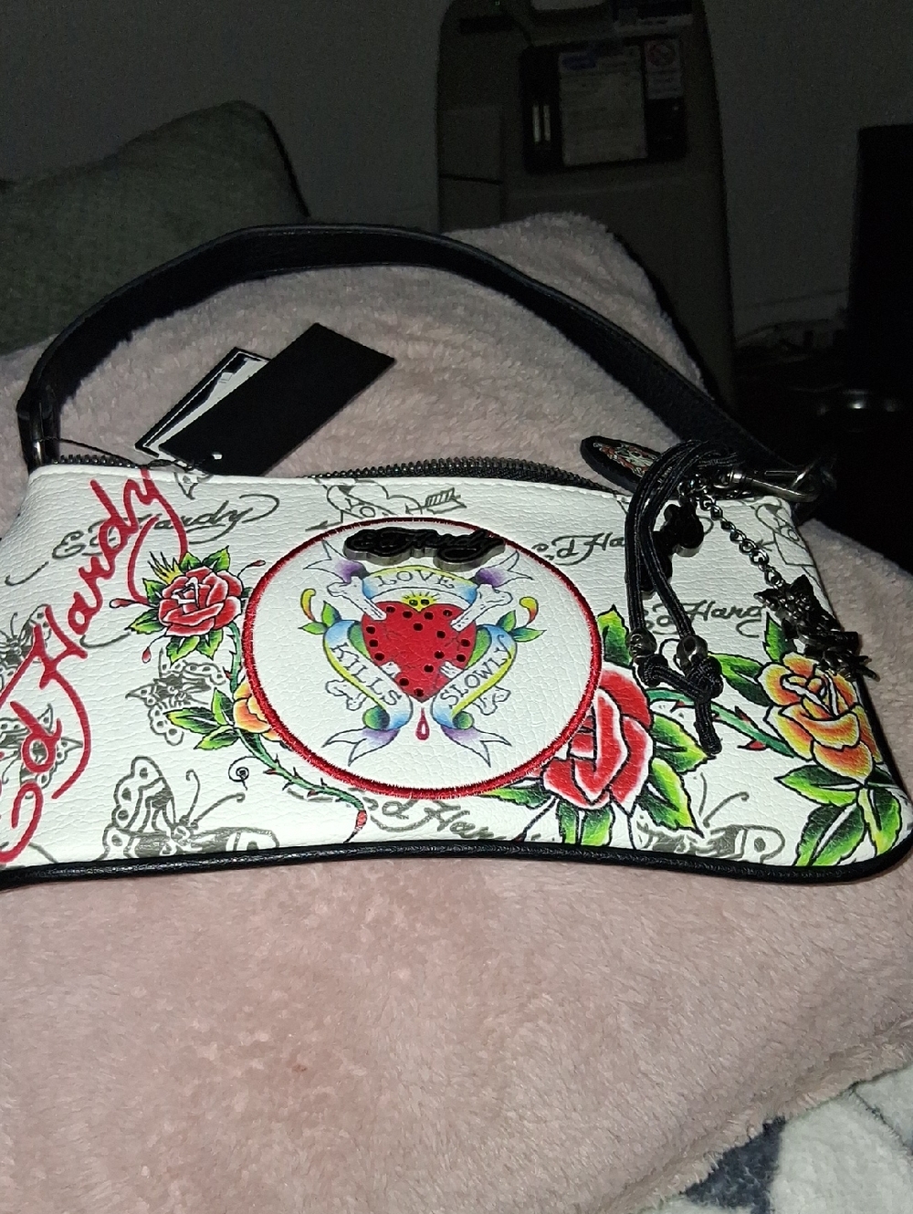 Ed Hardy White Floral Heart Zip Shoulder Bag with Red & Yellow Accents